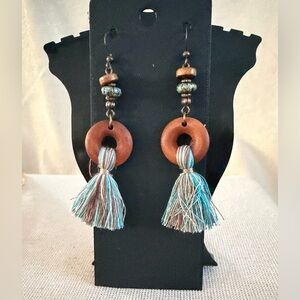 Boho Tassel Drop Earrings - Brown & Teal